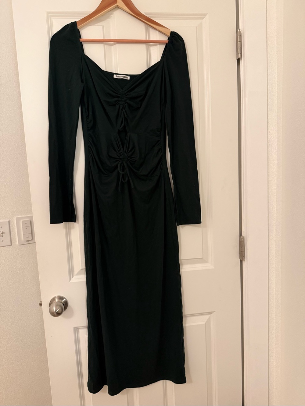 Reformation green Long Sleeve Ruched Midi Dress with ties and keyhole cutouts